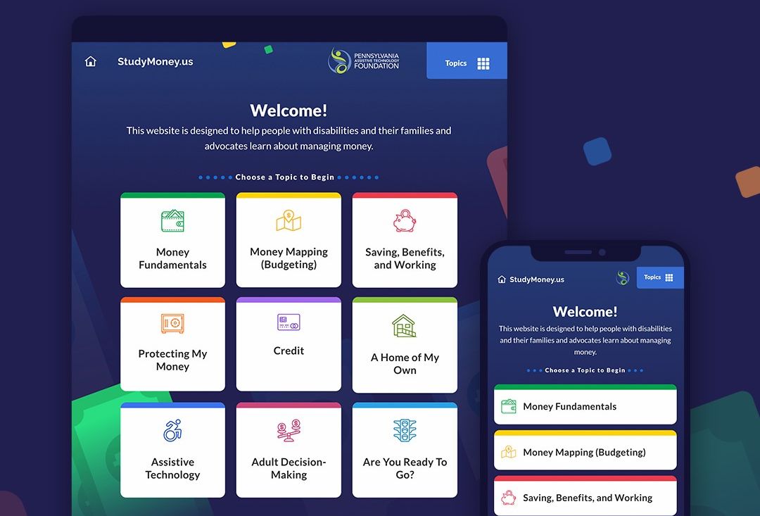 StudyMoney.us homepage on desktop and mobile screens showing a welcome message and 9 financial education topics to choose from.