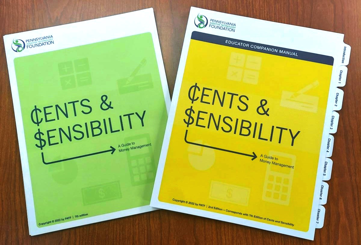 On the left is the cover of Cents and Sensibility, green background and blue font color. On the right is the cover of the Educator Companion Manual, yellow background and blue font color.